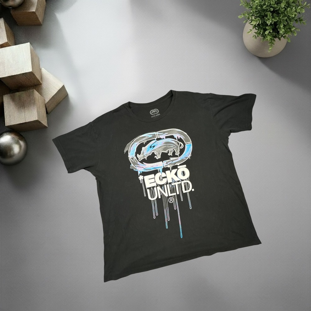 Ecko Unltd Graphic Tee Black Metallic Drip Rhino Logo Y2K Streetwear Shirt